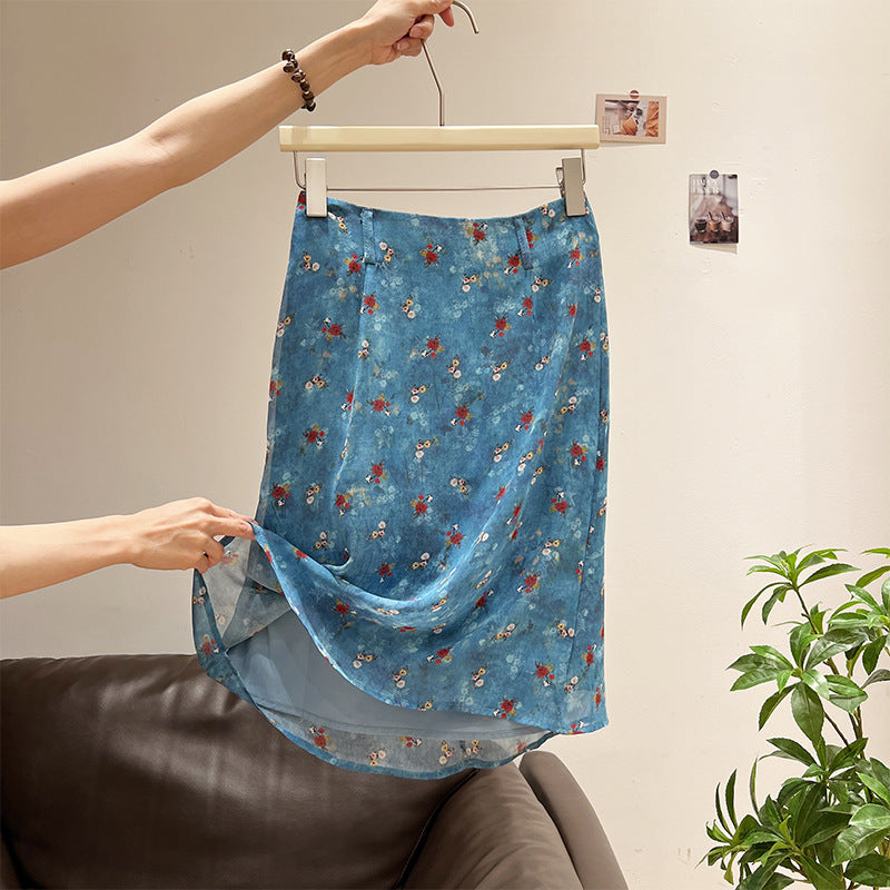 Blue Floral Chiffon Midi Skirt for Women, High Waist, Slim Fit