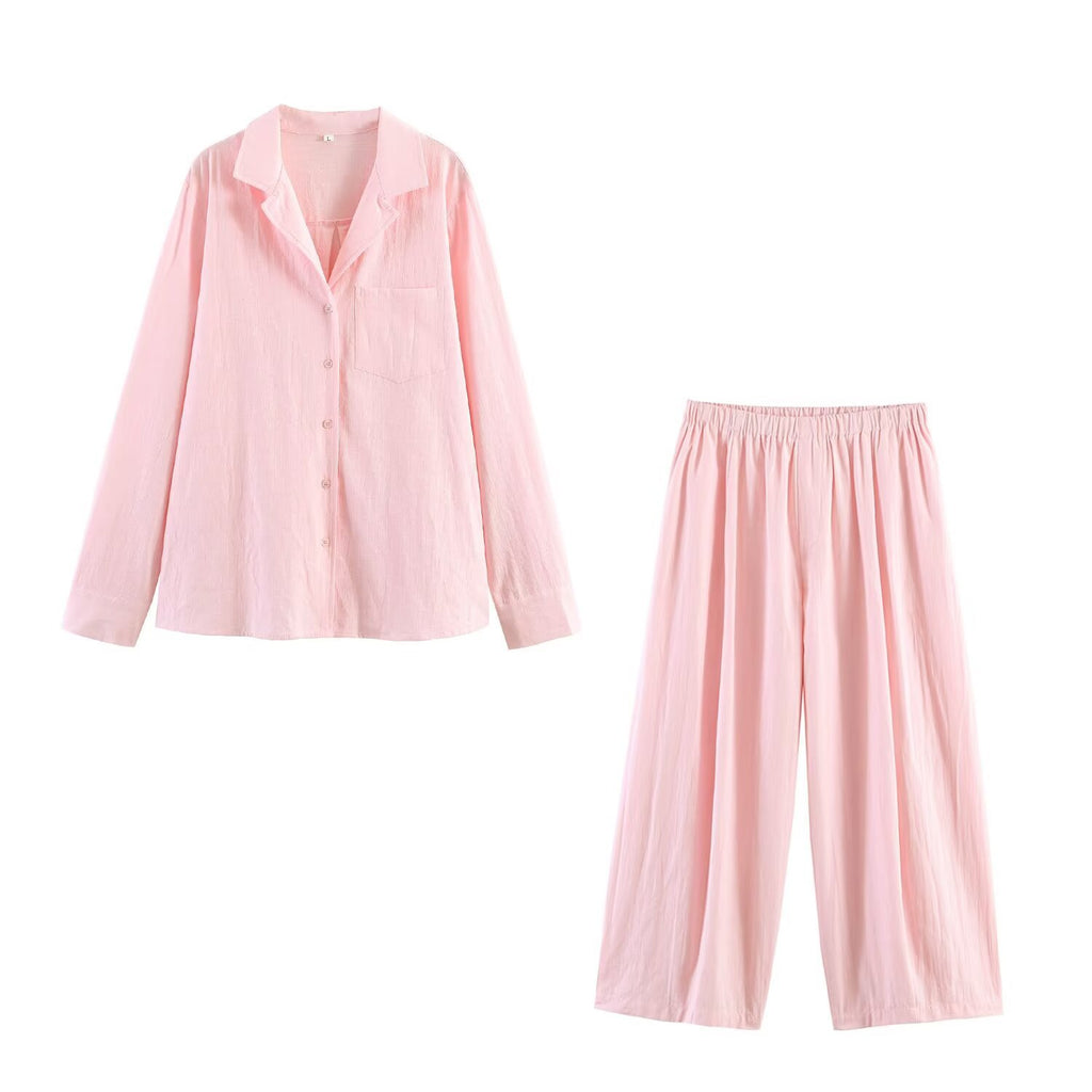 Casual linen pocket decoration shirt+linen bucket pants set