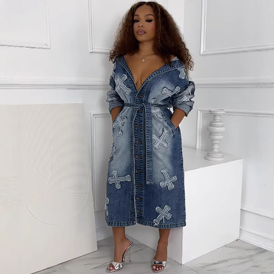 Women's Denim Jacket Autumn Winter Street Fashion Cross Embroidery Long Trench Coat