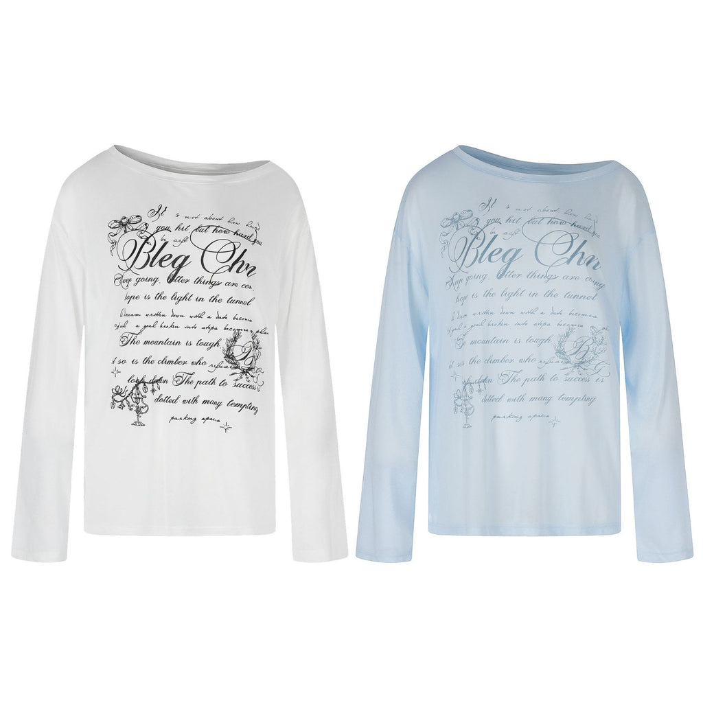 Off-Shoulder Silk Blend Lightweight Cover-Up T-Shirt for Women, Letter Print Loose Versatile Long Sleeve Top
