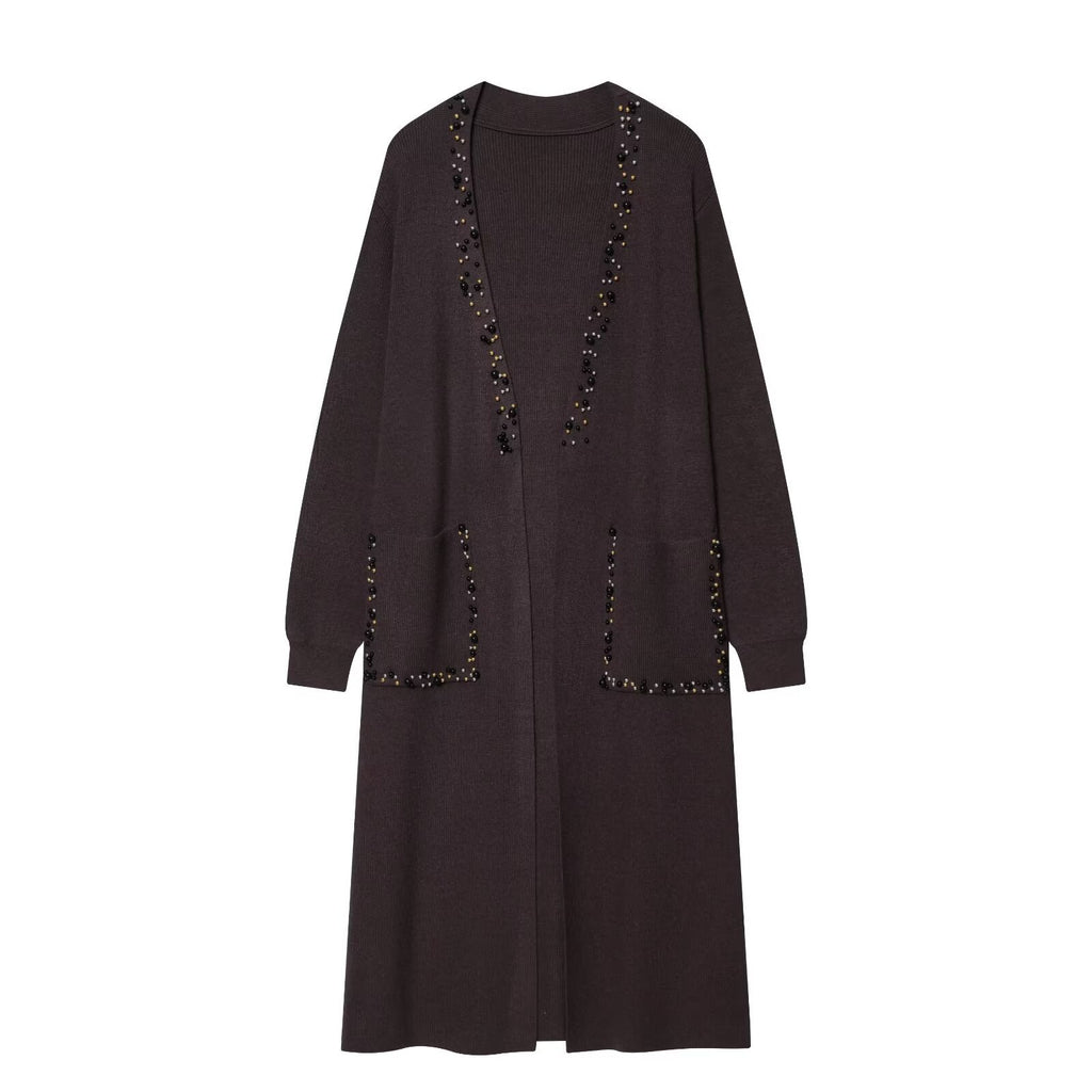Retro style nail bead long knitted cardigan jacket