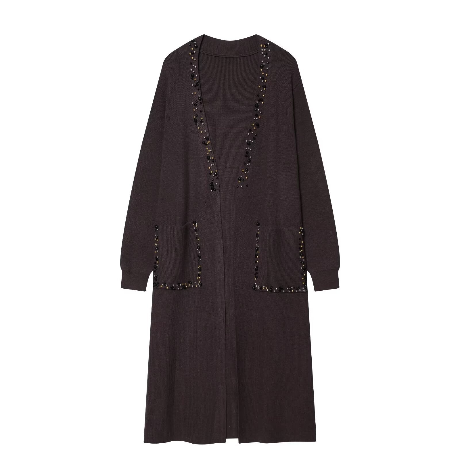 Retro style nail bead long knitted cardigan jacket