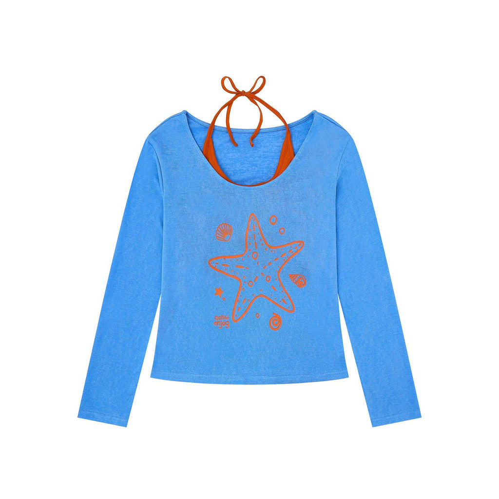 Starfish Print Two-Piece Strap Long Sleeve T-Shirt for Women, Color-Blocking Tie-Waist Slim Fit Cropped Top