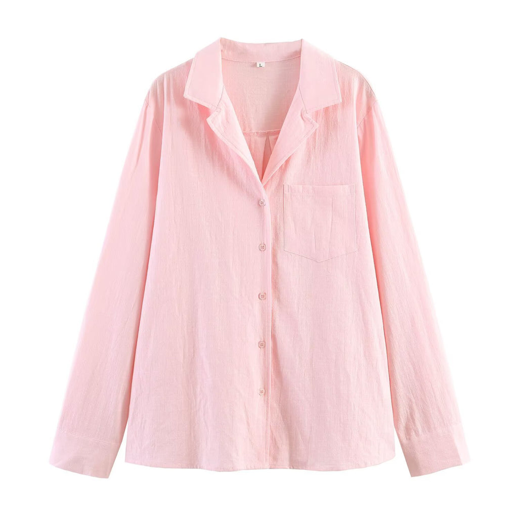 Casual linen pocket decoration shirt+linen bucket pants set