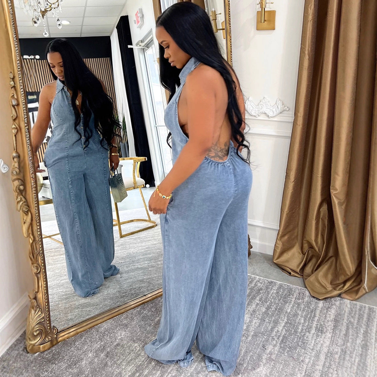 Women's Western Style Denim Jumpsuit with Turn-Down Collar, Halter Neckline, Single Button Closure, Autumn Winter Fashion Jumpsuit