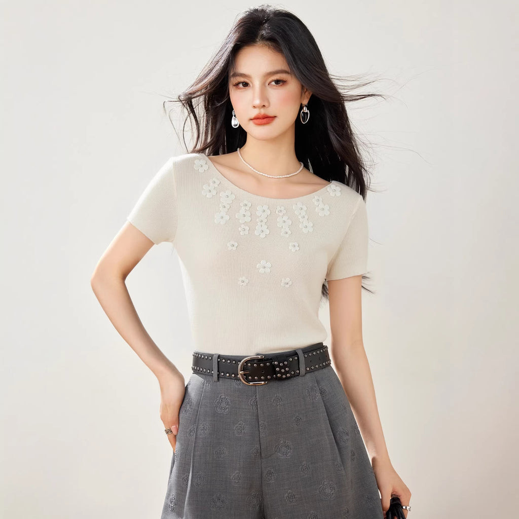 Elegant Style Round Neck Beaded Short Sleeve Knit T-Shirt Women Chic Youthful Slim Fit Top