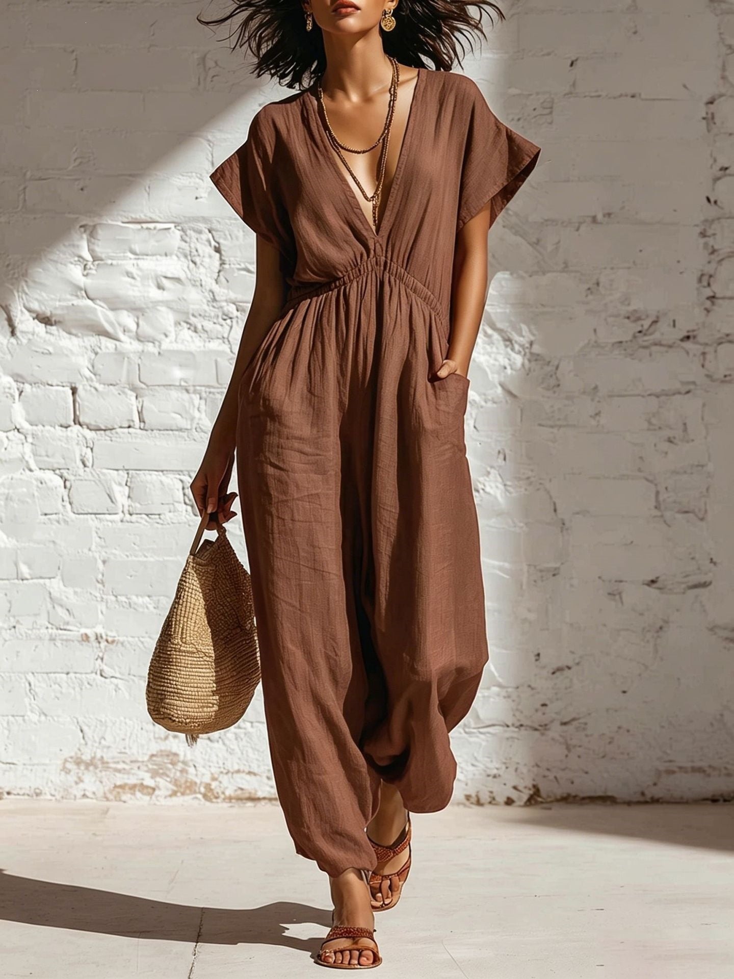 Deep V-neck loose fit pants for women