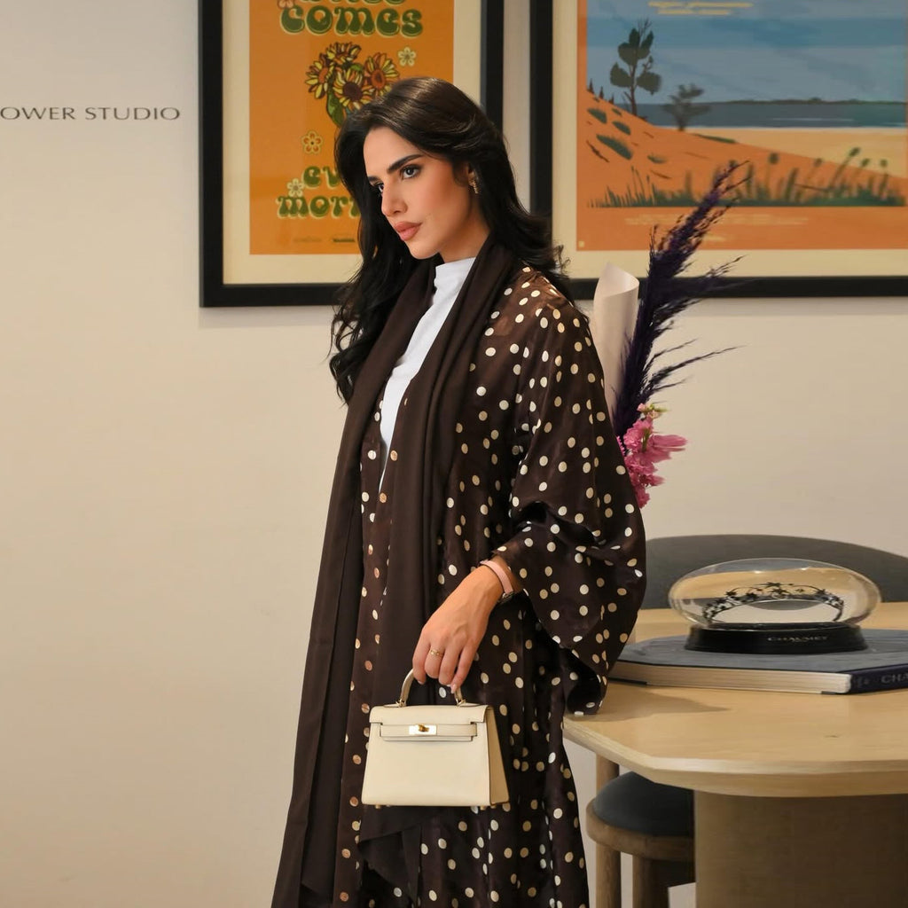 Long Coat with Polka Dot Print Open Front Dress with Scarf Plus Size