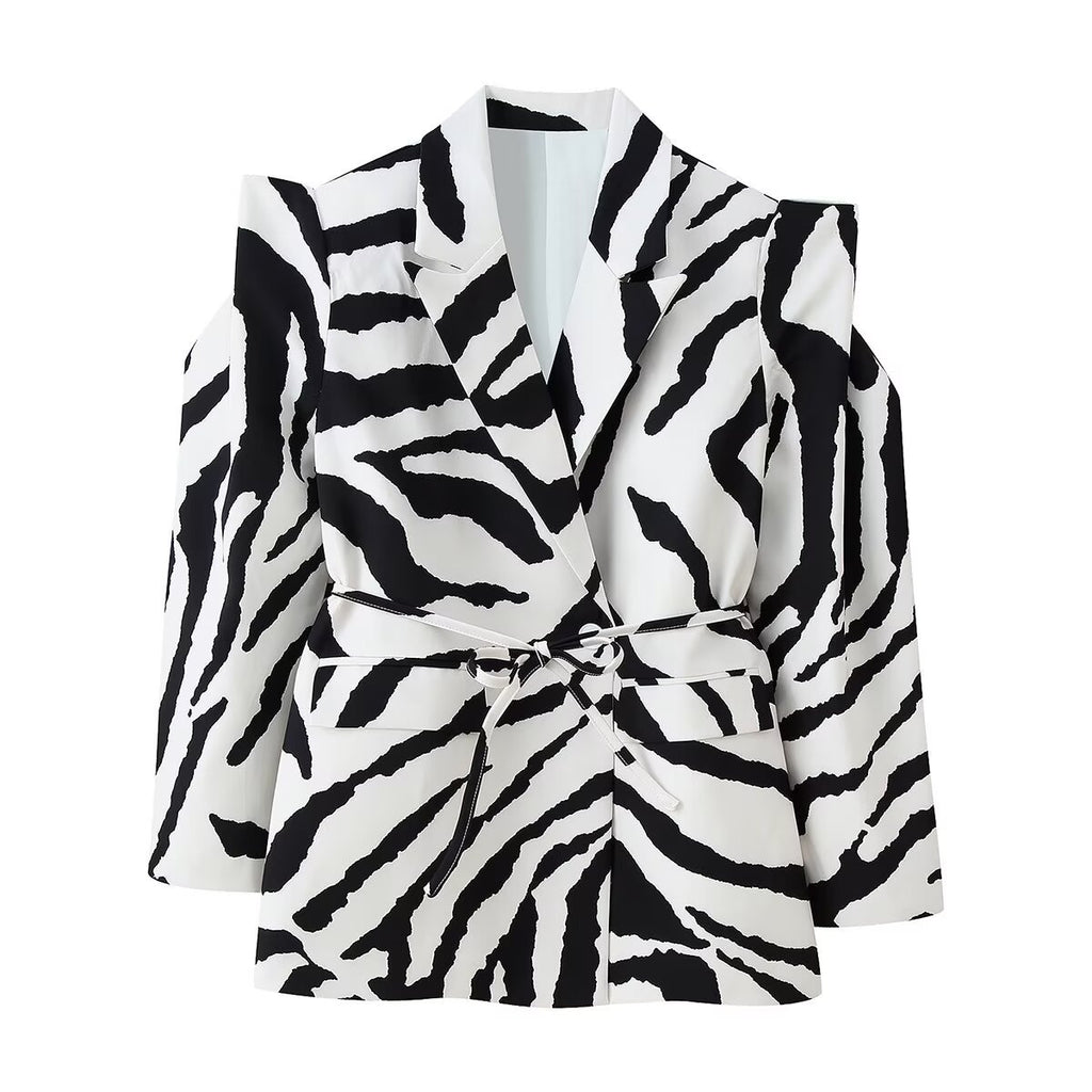 Zebra stripe waist cinching lace up wide shoulder suit jacket