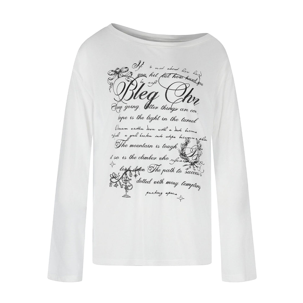 Off-Shoulder Silk Blend Lightweight Cover-Up T-Shirt for Women, Letter Print Loose Versatile Long Sleeve Top