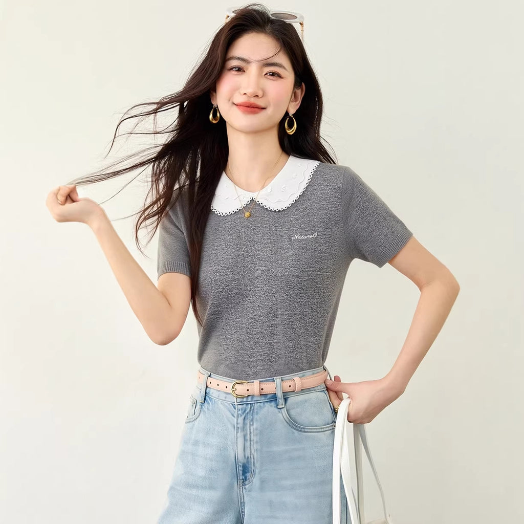Cute and Sweet Style Peter Pan Collar Short-sleeve Knit Top for Women