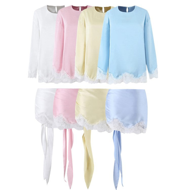 Long Sleeve T-Shirt with Wrap Belted Mini Skirt Set for Women,Short Skirt Two-Piece Summer Outfit