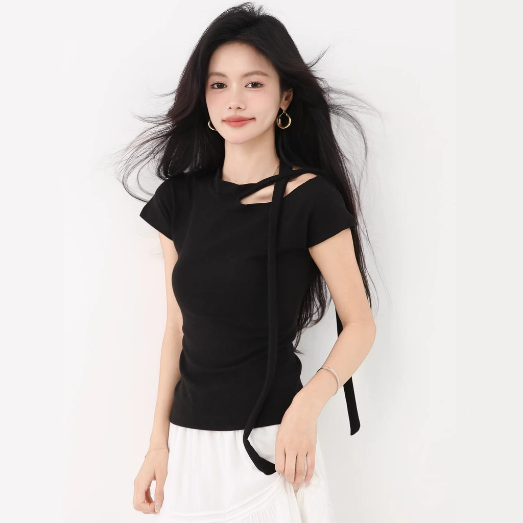 Chic Ribbon Off-Shoulder Short Sleeve T-Shirt for WomenNew Style, Elegant Slim-Fit Unique Top