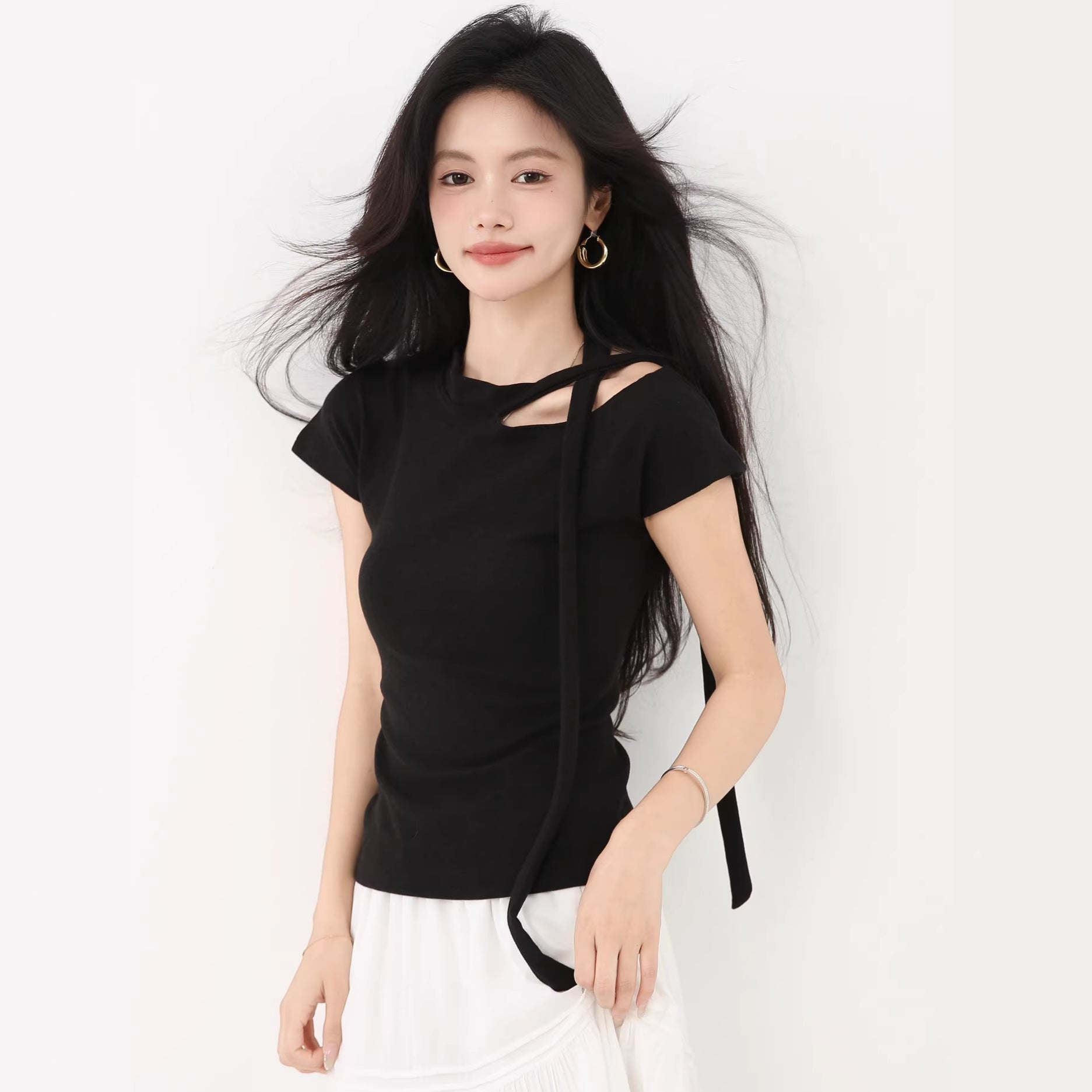 Chic Ribbon Off-Shoulder Short Sleeve T-Shirt for WomenNew Style, Elegant Slim-Fit Unique Top