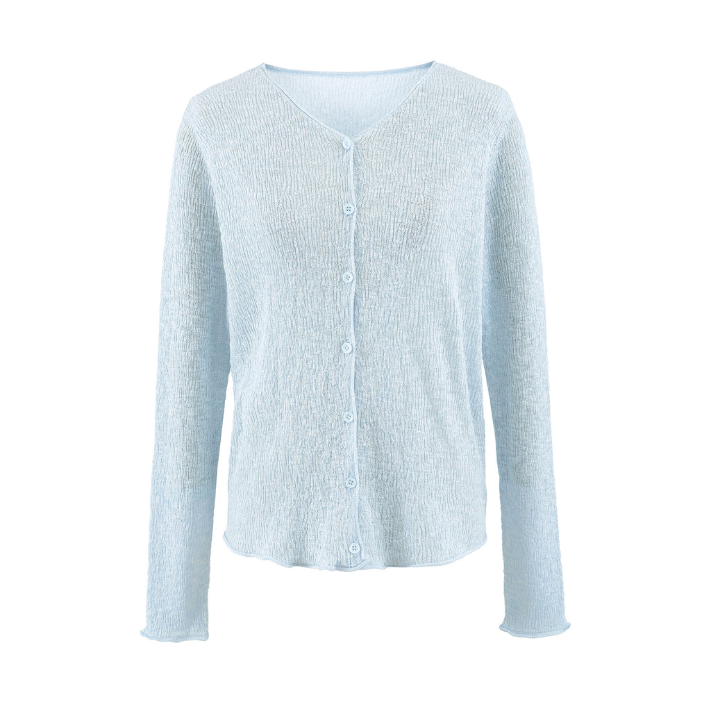Cotton Linen Bamboo Fiber Breathable Sun Protection Knit Cardigan Women V-Neck Semi-Sheer Air Conditioning Top