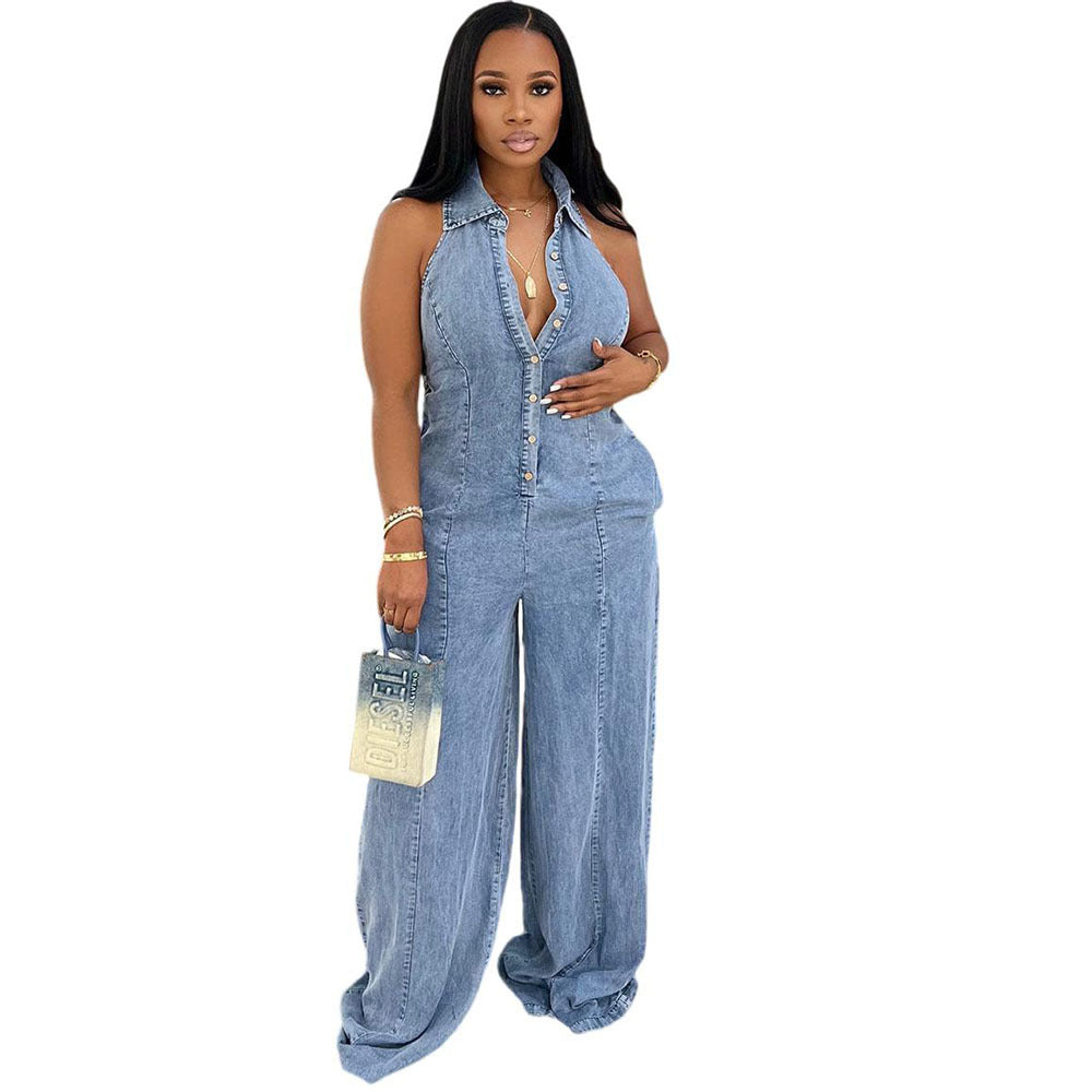 Women's Western Style Denim Jumpsuit with Turn-Down Collar, Halter Neckline, Single Button Closure, Autumn Winter Fashion Jumpsuit
