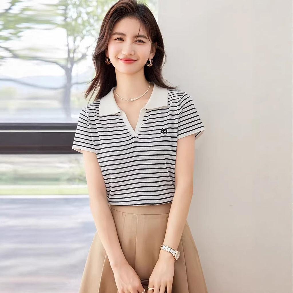 Elegant Turn-Down Collar Short Sleeve T-Shirt for Women Plus Size Polo Neck Versatile Casual Top, Slimming Fit