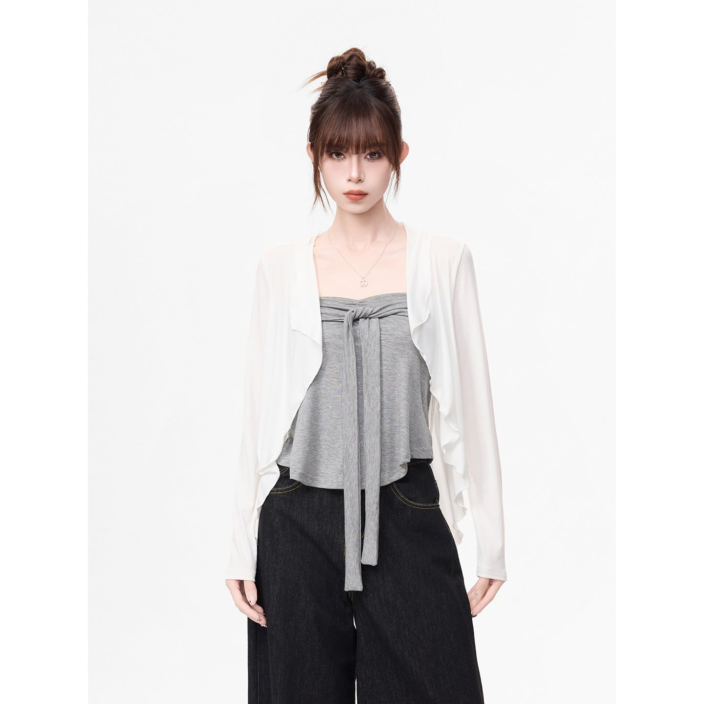 Long Sleeve Cardigan T-Shirt for Women, Gray Strapless Top Two-Piece Set