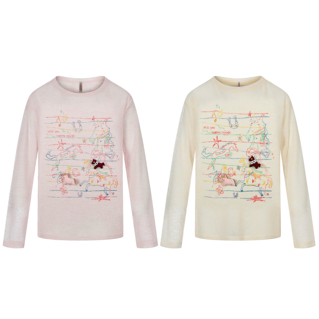 graffiti printed lightweight cover-up T-shirt breathable round neck loose sunscreen long sleeve