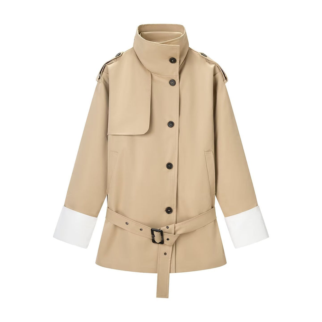 Commuter style contrasting color cuffs mid length trench coat jacket