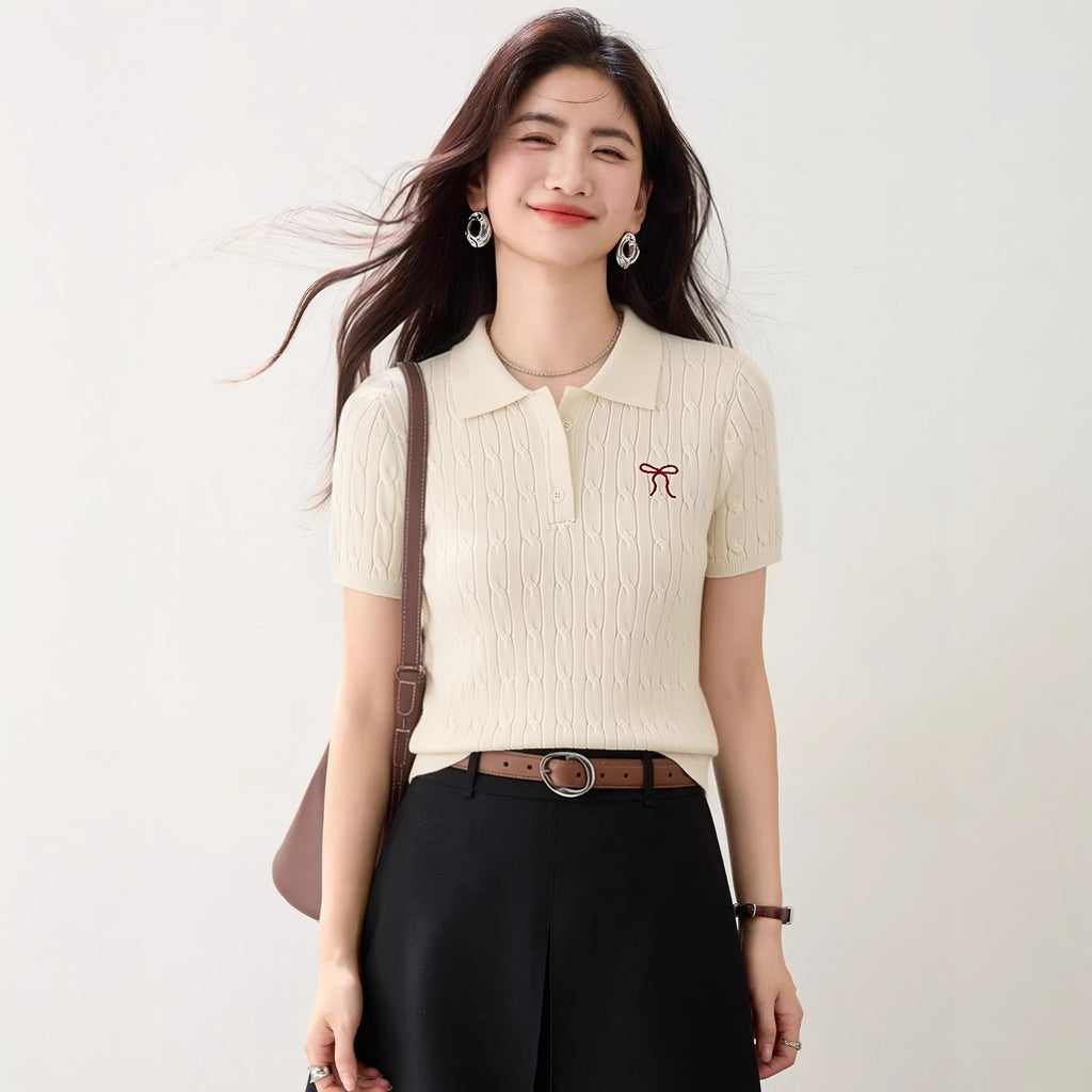 Polo Collar Knitted Short Sleeve Women's Summer Butterfly Knot Embroidery Design T-Shirt Top