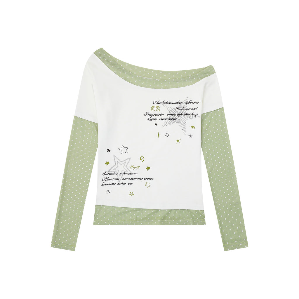 Color-Blocking Polka Dot Fake Two-Piece Base Layer, Asymmetric Shoulder Off-Shoulder Slim Fit Long Sleeve Hoodie
