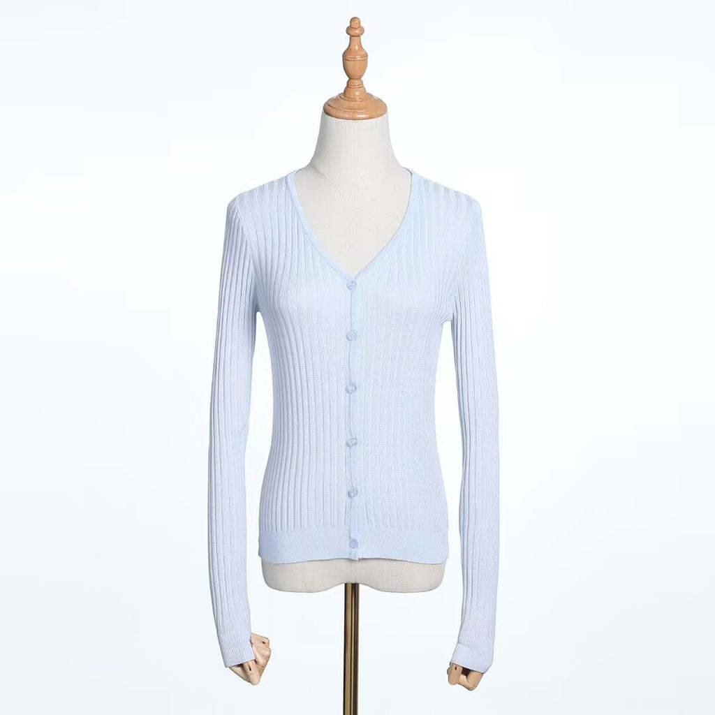 Slim Fit V-Neck Knit Cardigan for Women Soft Feel Outerwear Sun Protection Jacket Top