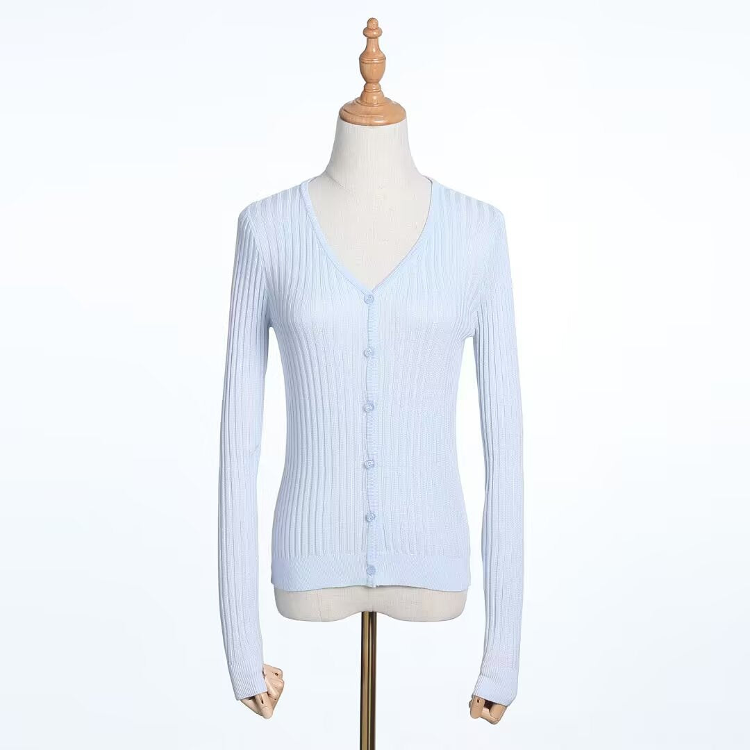 Slim Fit V-Neck Knit Cardigan for Women Soft Feel Outerwear Sun Protection Jacket Top