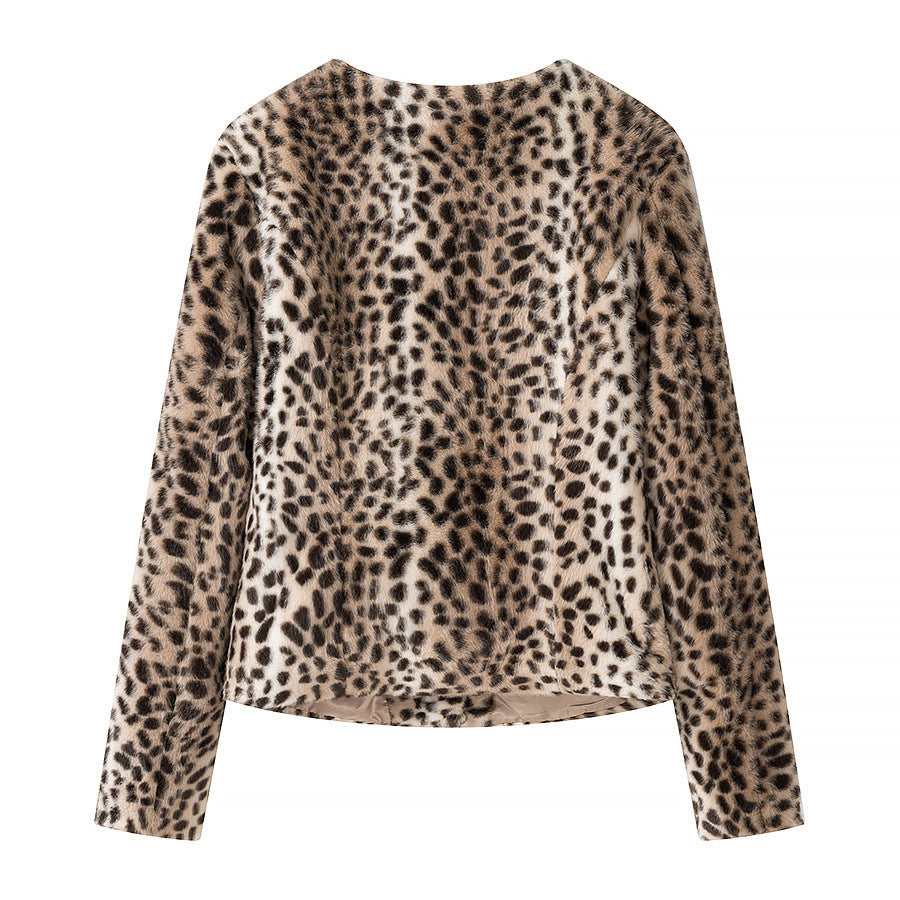 Street style faux fur plush round neck leopard print jacket