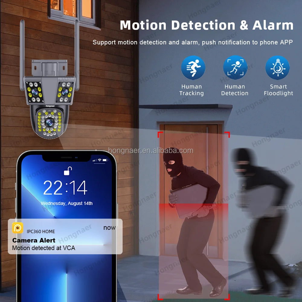 Hongnaer Outdoor 360 3 Screens Surveil Wireless PTZ IP Camera IPC360 Home 6MP 3K Three Lens WiFi CCTV Smart Security Camera