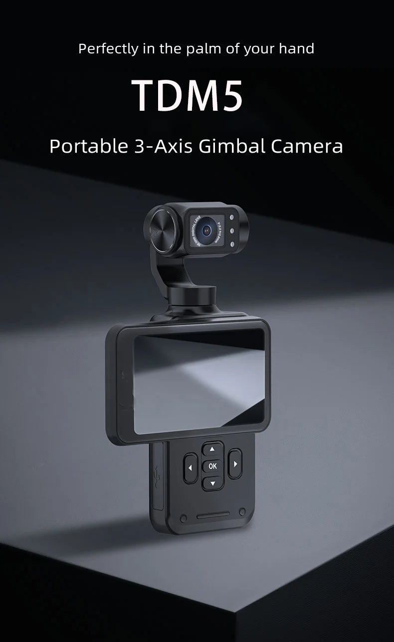 TDM5 3-Axis Gimbal Stabilizer Camera 5K 30fps Ultra HD Video 3.5-inch Flip Touch Screen for Pro Vlogging