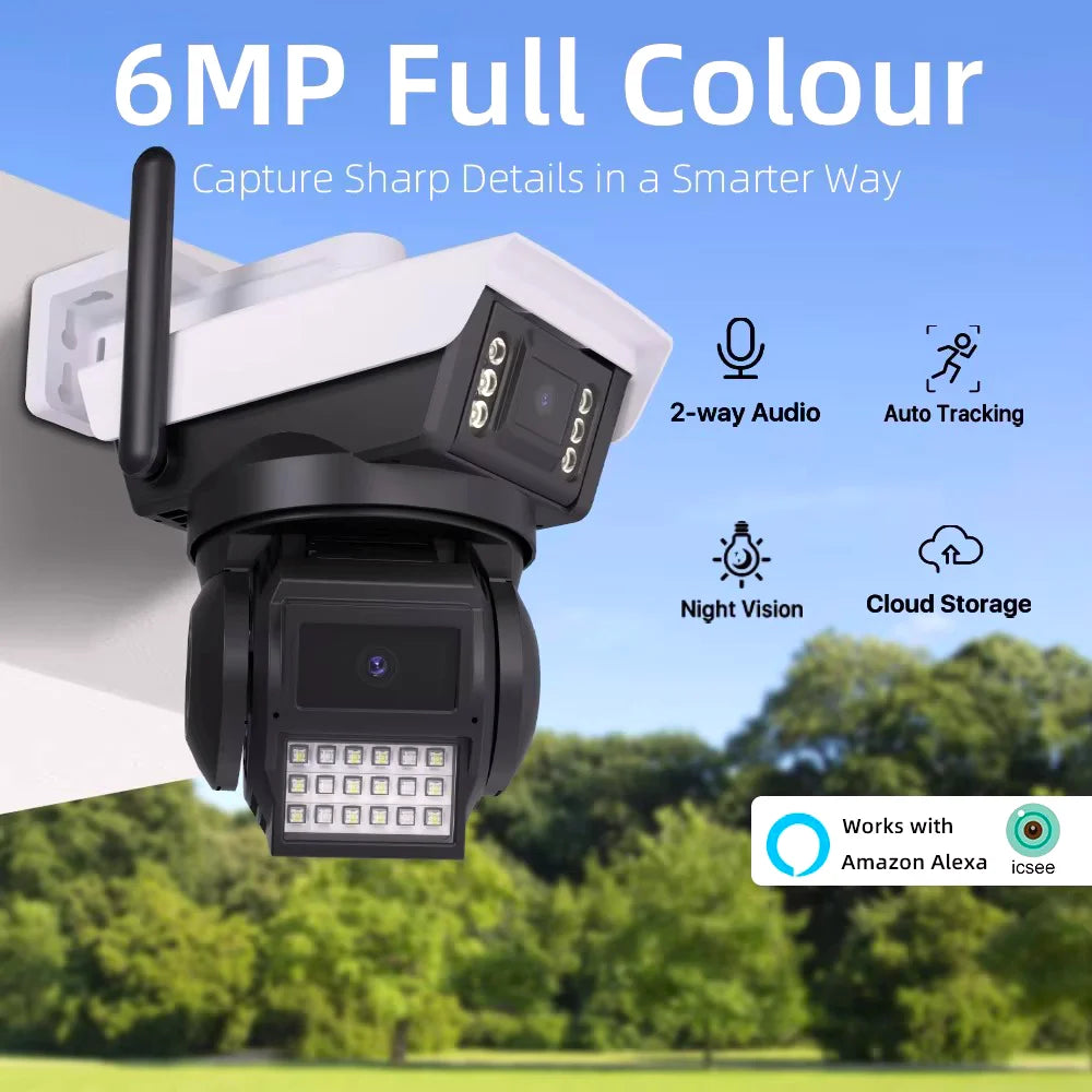 Outdoor 6MP Dual Lens WIFI Security Camera Two Way Audio AI Auto Tracking Waterproof Color Night Vision Wireless PTZ Wide Angle