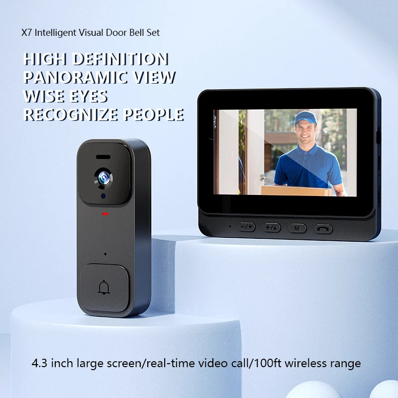 X7 Smart Video Doorbell 4.3 Inch Screen Cat's Eye Design Battery Powered Security Doorbell Camera WiFi Photo Taking Capability