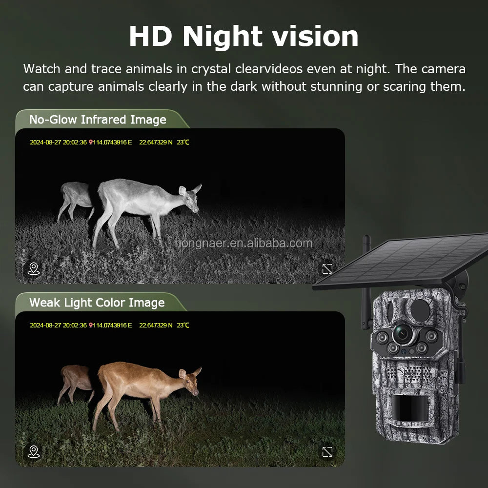 Hongnaer 3MP Camouflage Wireless Solar Powered Surveillance Security Camera UCon GPS Trail 4G Sim Card Solar CCTV Hunting Camera
