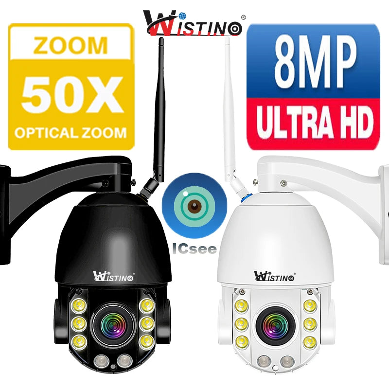 Wistino 8MP UHD 50x Zoom Security Camera Smart Alarm Motion Detection Icsee 4g Camera