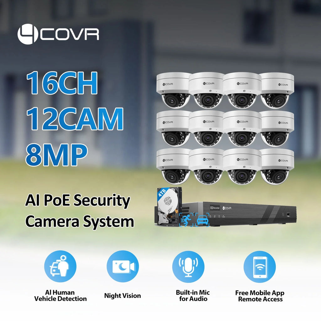 In Stock 16 Channel 4K PoE Security Camera System 12Pcs 8MP Wired Commercial Dome IP Camera Home Business Surveillance System
