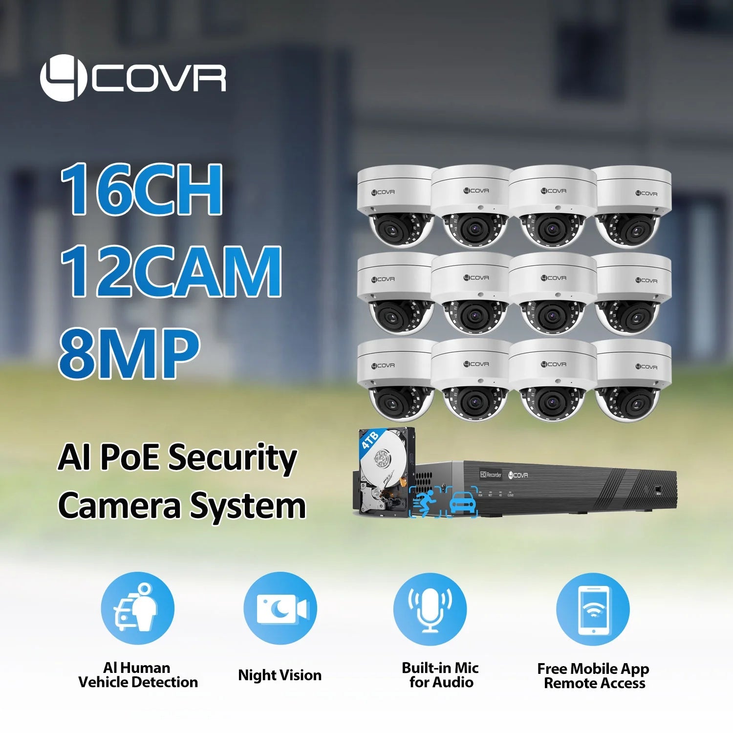 In Stock 16 Channel 4K PoE Security Camera System 12Pcs 8MP Wired Commercial Dome IP Camera Home Business Surveillance System