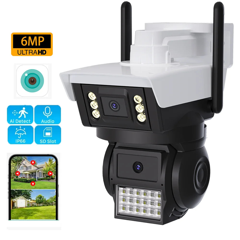 Outdoor 6MP Dual Lens WIFI Security Camera Two Way Audio AI Auto Tracking Waterproof Color Night Vision Wireless PTZ Wide Angle
