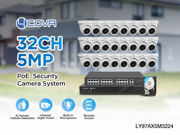 32-Channel PoE AI Security Camera System H.265 UHD 8TB HDD 24Pcs 5MP Commercial Dome IP 24Pcs 5MP Commercial Surveillance System