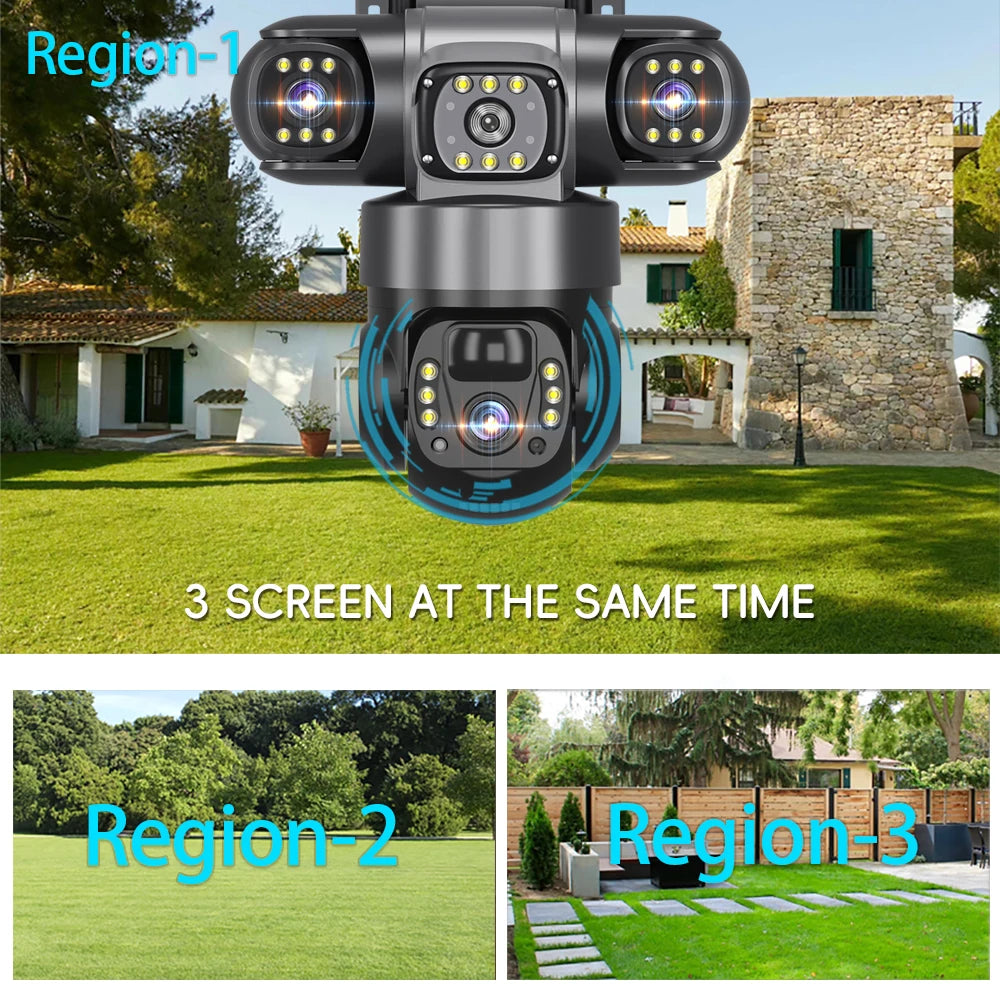 Surveillance Camera PTZ V380 Three Lens Outdoor  360 Wireless Wifi Auto Tracking 12mp 4g Sim Card Solar Security Camera