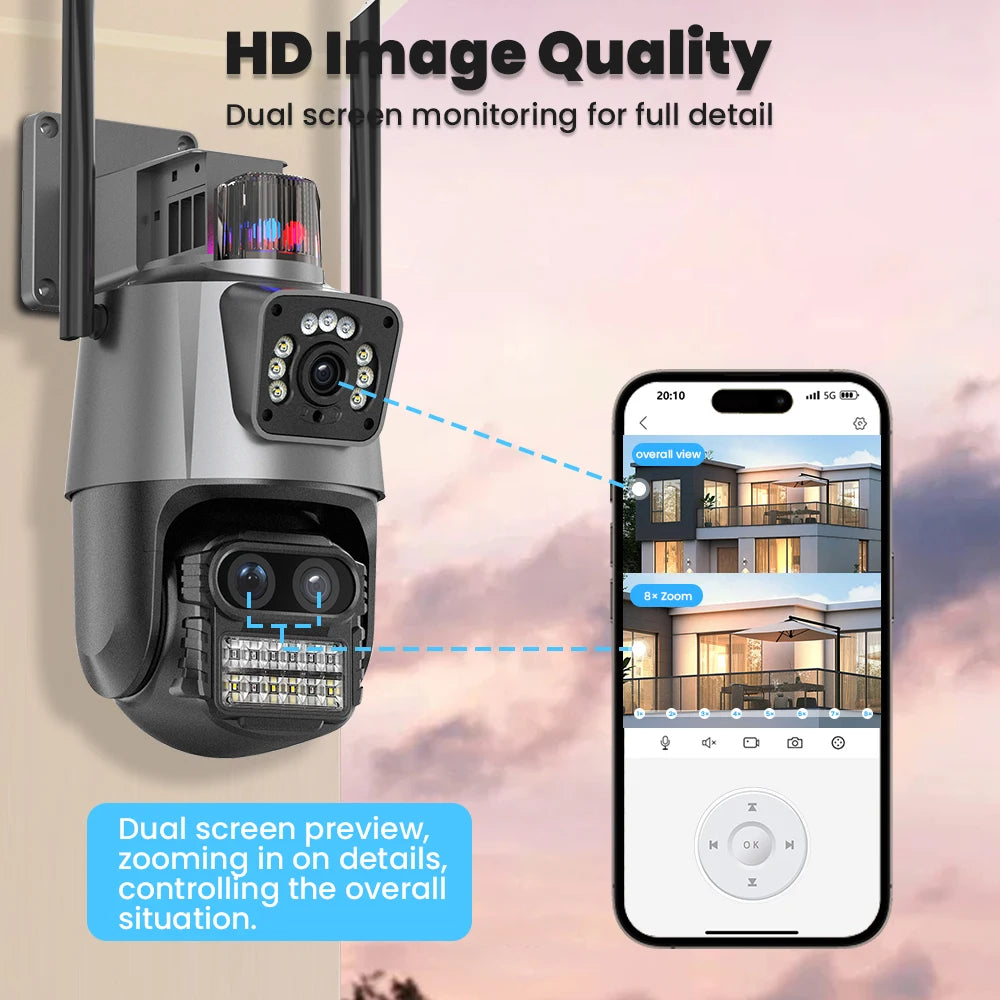 OEM ICSee Wireless WiFi CCTV PTZ IP Security Camera with 3 Lenses 2 Screens and 8X Hybrid Zoom for Home Outdoor Monitor