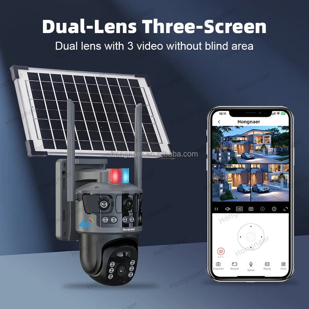 Hongnaer 3 Video 6MP Wireless 4G Solar Powered CCTV PTZ Camera V380 Pro Surveillance Dual Lens 4G Sim Card Solar Security Camera