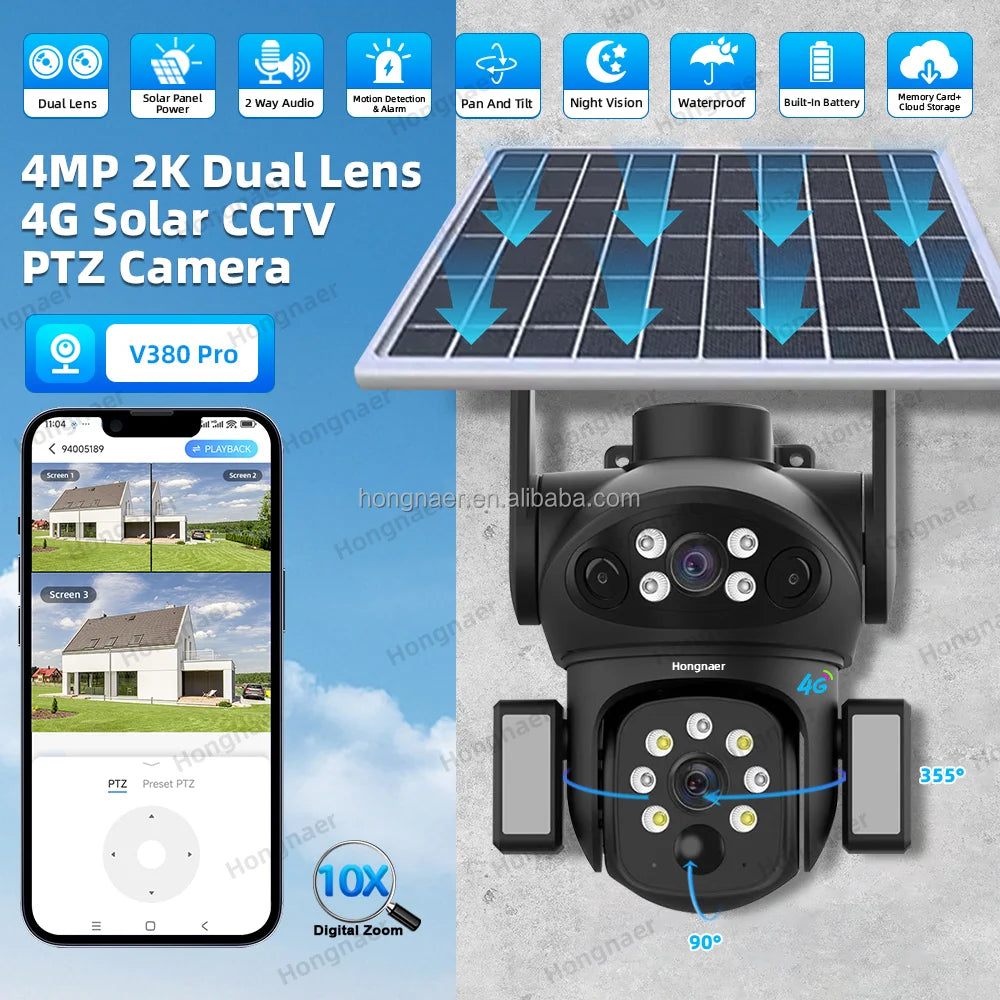 Hongnaer 4MP 4G 3 Video Dual Lens Wireless Solar Energy Powered CCTV Camera Outdoor V380 Pro 4G Sim Card Solar Security Camera