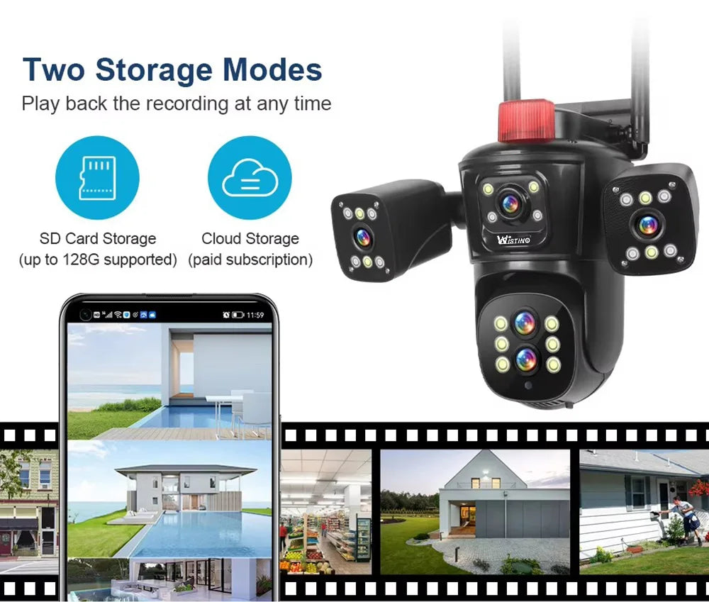 Wistino 5K 10X Digital Zoom Multi Lens Outdoor Wifi Security Camera Color Night Vision Red Alarm Home Security Camera
