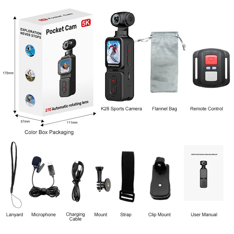 K28 5K Thumb Sized Pocket Action Camera Rotating Lens Face Recognition Follow Focus Tracking Handheld Design Outdoor Travel