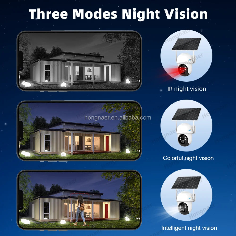 Hongnaer 4MP 2K North America Wireless Solar Power 4G Surveil IP PTZ Camera ICSee Outdoor CCTV 4G Sim Card Solar Security Camera