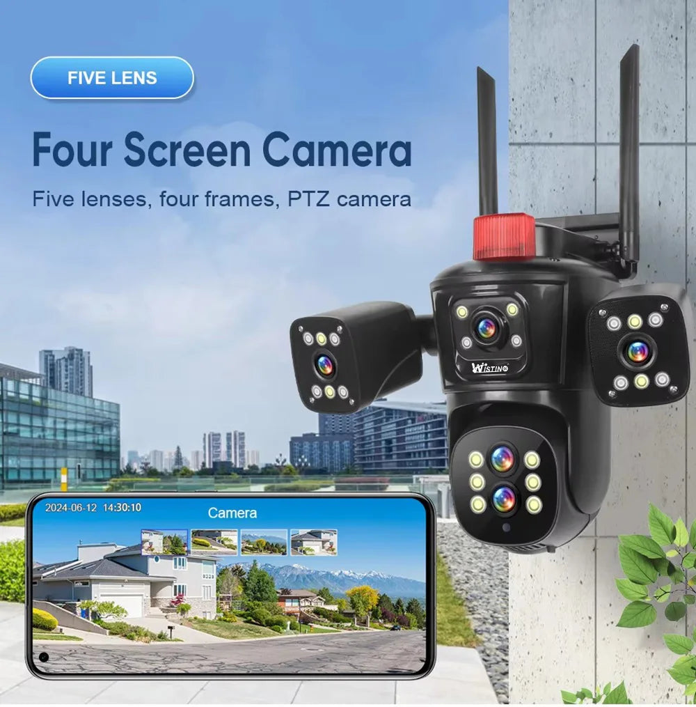 Wistino 5K 10X Digital Zoom Multi Lens Outdoor Wifi Security Camera Color Night Vision Red Alarm Home Security Camera