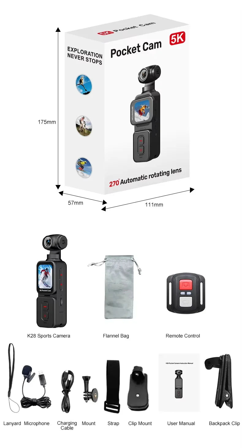 5K Ultra HD Thumb-sized Action Digital Camera Face Recogition Tracking 270 Degrees Rotate Lens Wifi K28 Sport Motion Cameras