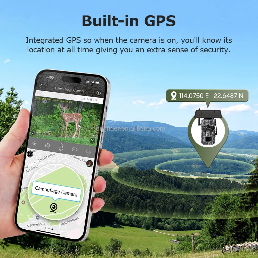 Hongnaer 3MP Camouflage Wireless Solar Powered Surveillance Security Camera UCon GPS Trail 4G Sim Card Solar CCTV Hunting Camera