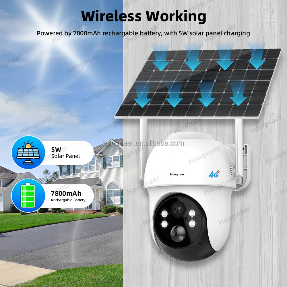 Hongnaer 4MP 2K North America Wireless Solar Power 4G Surveil IP PTZ Camera ICSee Outdoor CCTV 4G Sim Card Solar Security Camera